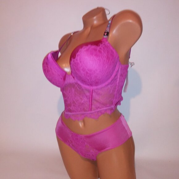 Victoria Secret Bra Set 34C Bombshell Push Up Medium Panty Shine Strap Pink Lace - Picture 7 of 16